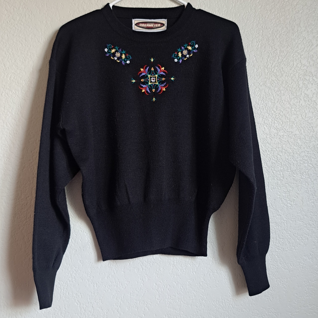 Vintage Obermeyer Black Wool Blend Embroidered Sweater Size Small